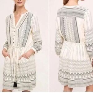Anthropologie Floreat Perrie Lace Tribal Print Cream Black Tunic Dress Size 8P